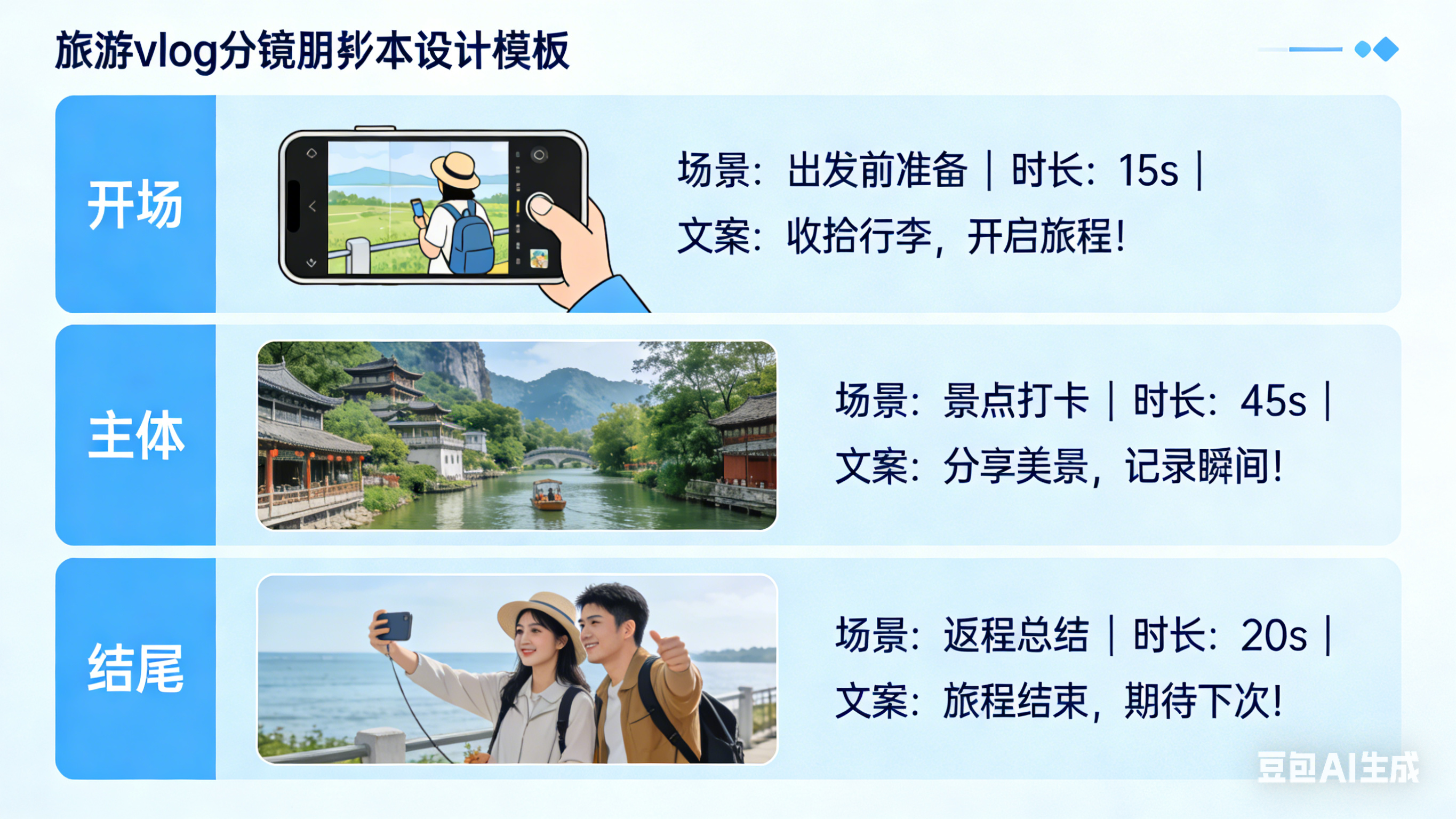 糖心vlog旅游 - 旅游vlog分镜脚本设计模板，新手可直接套用的3段式分镜